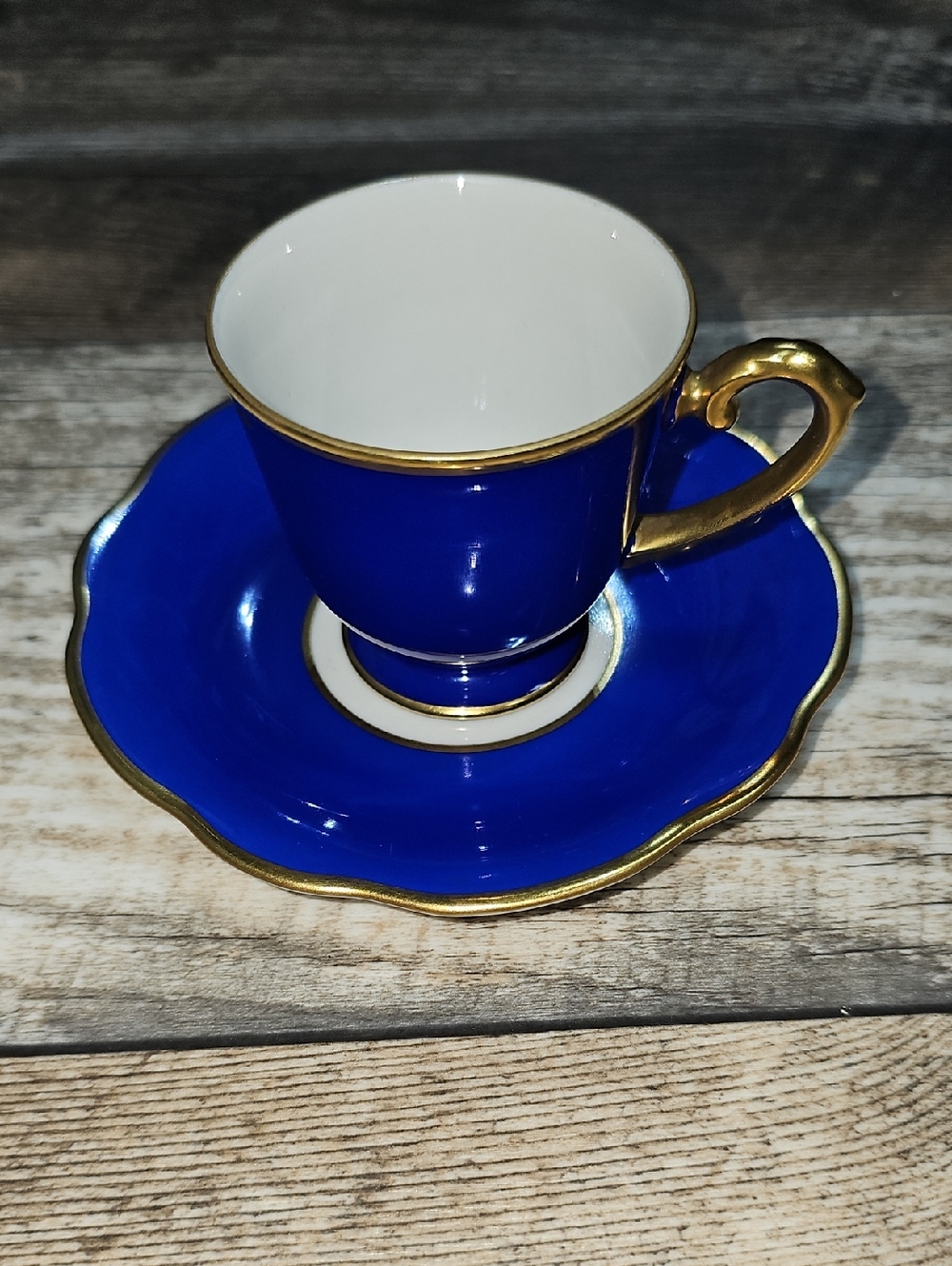 Cobalt Blue Porcelain Teacup and Saucer with Gold Trim